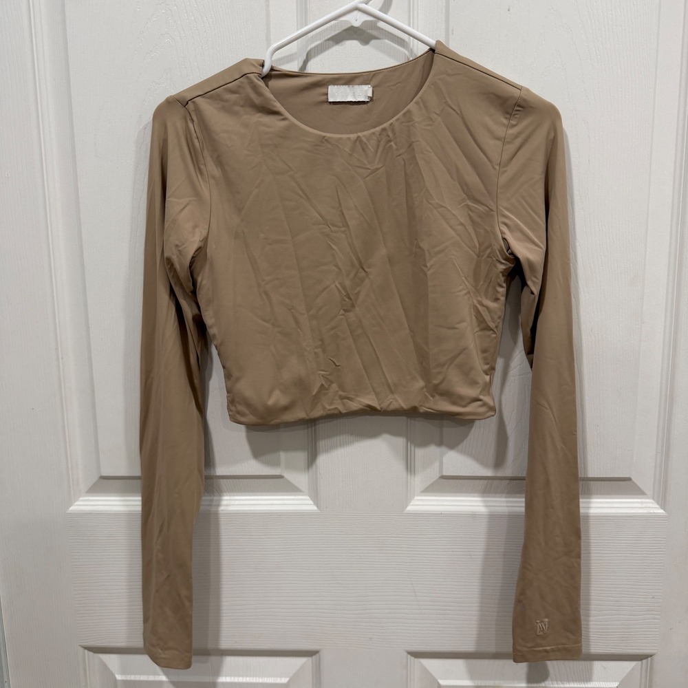 Meshki Womens Tan Nude Long Sleeve Crew Neck Crop Top Small